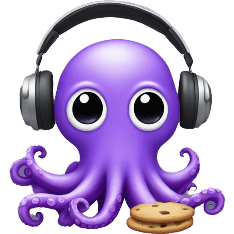 Viola purple colored Octopus with headphones enjoying music and holding a half eaten cookie emoji