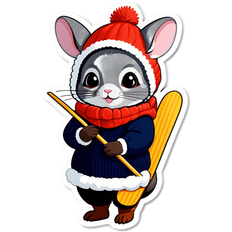 Cute girl chinchilla knitting wearing snow skis emoji