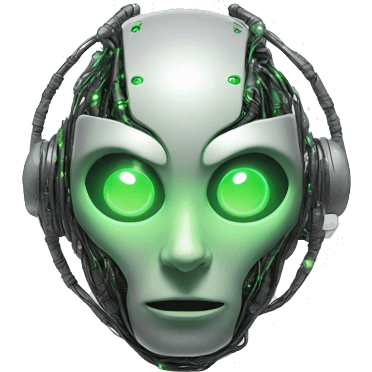 Round Alien cyborg head with glowing wires and green eyes  emoji