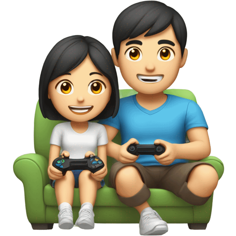 Cute Asian Couple sitting together and having fun playing video games emoji