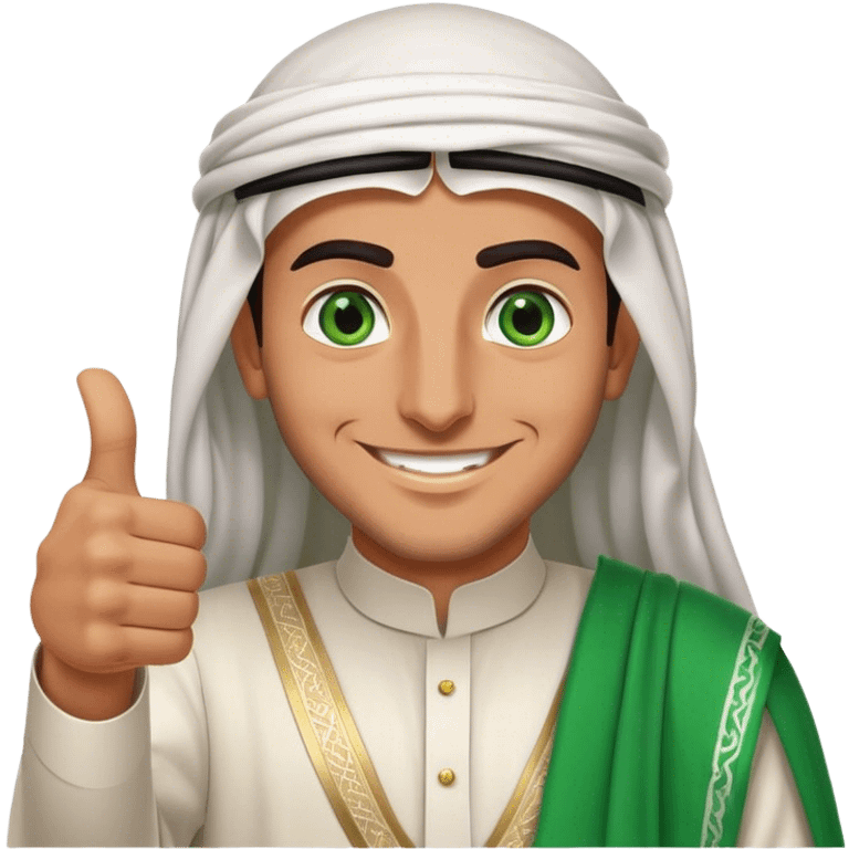 Tanned Arab Saudi man with green eyes, wearing an agal and traditional attire, smiling happily and giving a big thumbs-up emoji