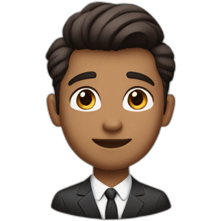 Quiff, 5'o clock shadow, short man, dark brown skintone, wearing airpods pro 2, formal wear, round face, medium sized nose, brown eyes emoji