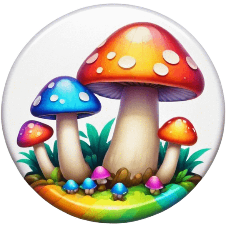 A round psychedelic colored button with bezeled edges and rainbow colored mushrooms emoji