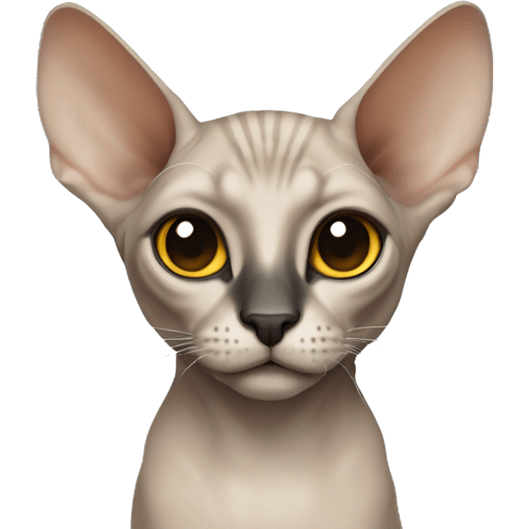 Sphinx cat with grey ears and a skin around eyes, black nose but the skin around the nose and skin at nose is white, eyes are yellow-brown emoji