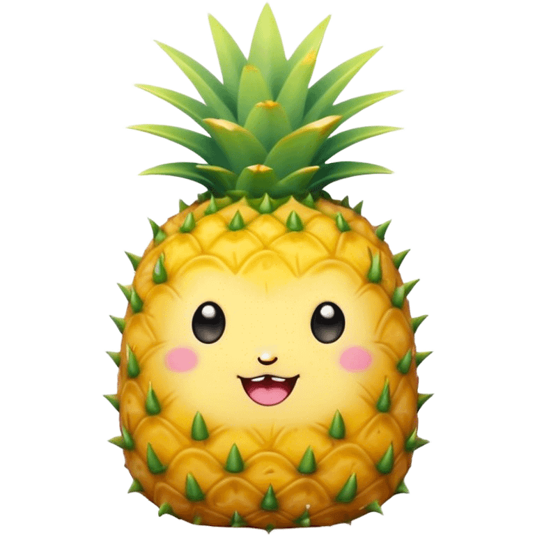 Cute Kawaii Pineapple, tiny and round, bright golden yellow with a spiky green top, chubby cheeks, playful winking expression, soft pastel textures, sweet and tropical vibes! emoji