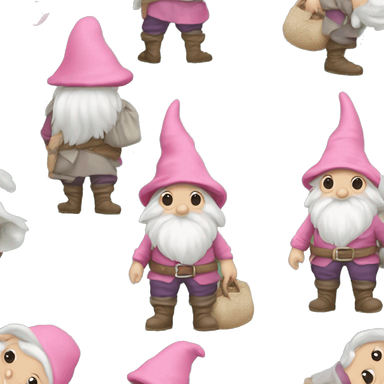 Petit gnome avec une couverture verte sur lui et avec un chapeau pointu blanc et une épuisette rose dans la main emoji