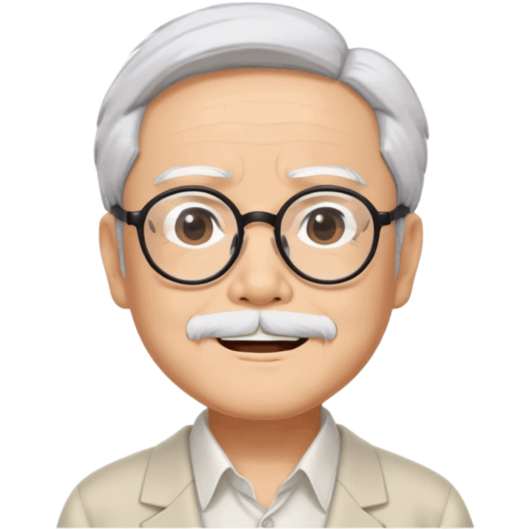 ​Cinematic Realistic Portrait of Hayao Miyazaki, depicted with defined black eyebrows, and large rectangular glasses, his happy expression rendered in lifelike detail, illuminated with soft, realistic lighting that emphasizes his creative genius, emoji