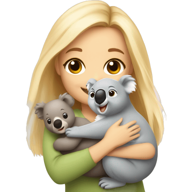 Cute happy smiling blonde girl warm holding cute koala emoji