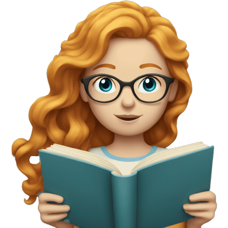 Ginger girl with light wavy hair and blue eyes reading emoji