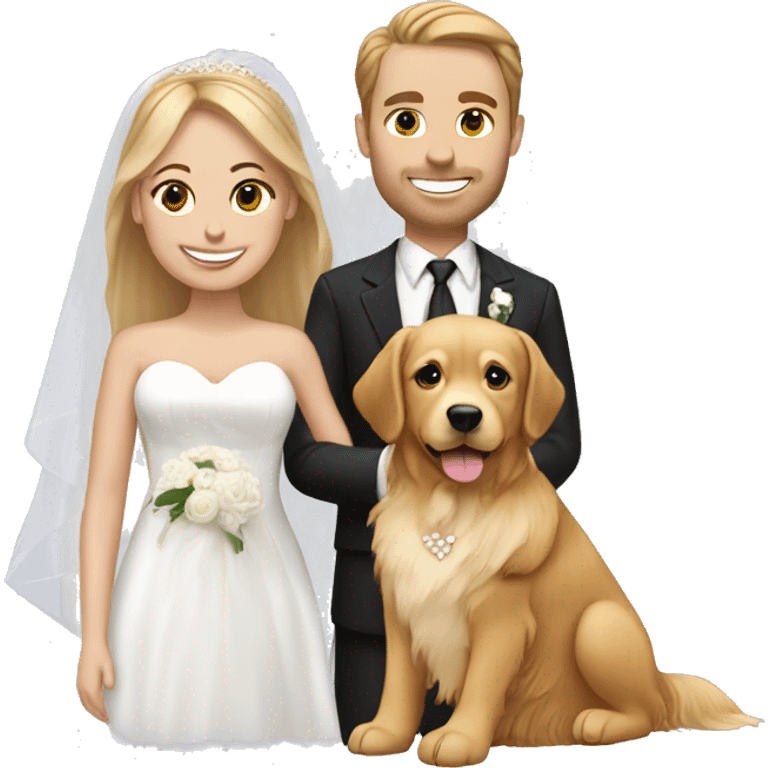 White bride and groom with golden retriever  emoji