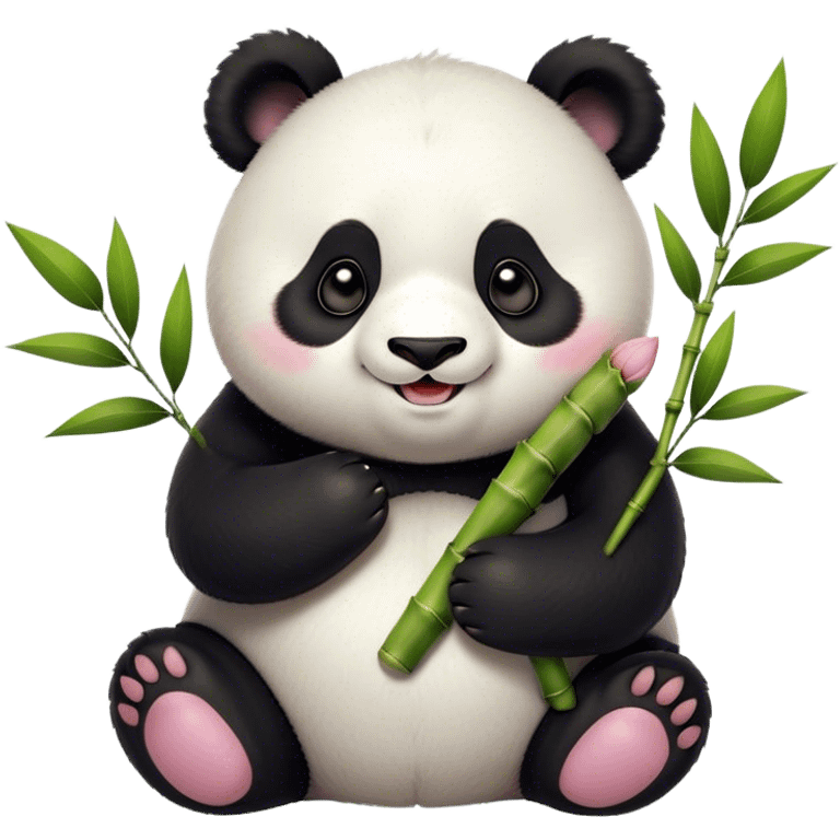 Cinematic smiling chubby panda, fluffy black and white fur, round rosy cheeks, tiny paws holding a bamboo shoot, sparkling eyes full of joy, soft glowing background, irresistibly huggable. emoji