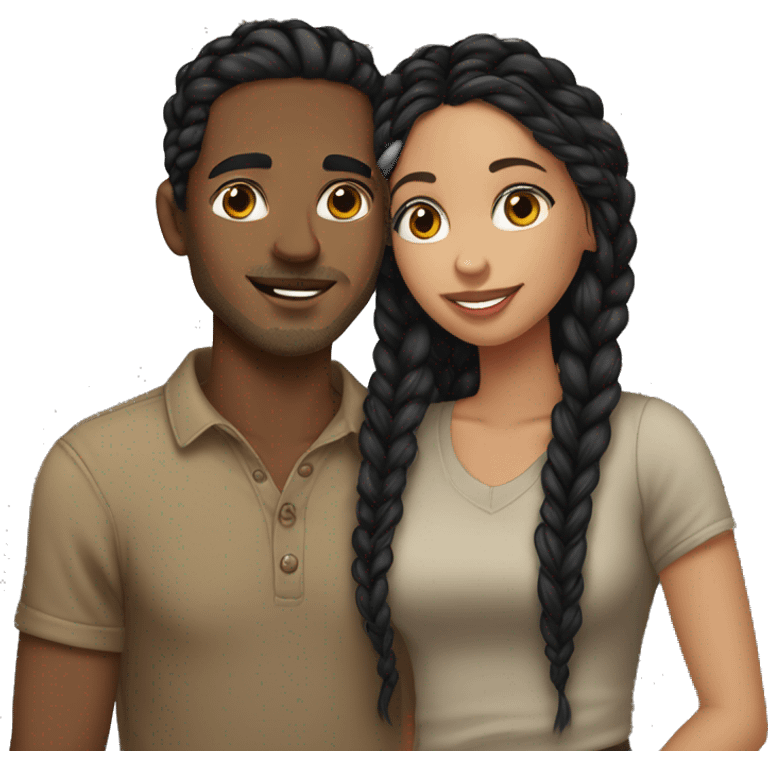 Girl with long wavy black hair wearing a brown shirt kissing a light skin man with black braids wearing a black shirt emoji