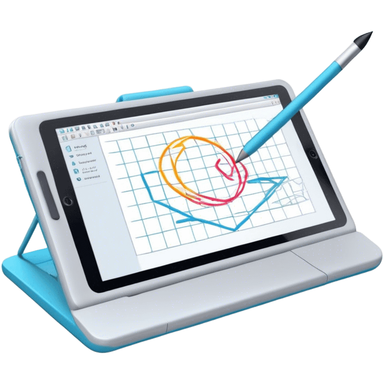 Create an emoji for 3D visualization and modeling. Show wireframe model that pops out from the screen of a large graphic tablet with a stylus drawing in a 3D modeling program. Use modern, professional colors. Do not include any emojis or smiley faces. Make the background transparent. emoji