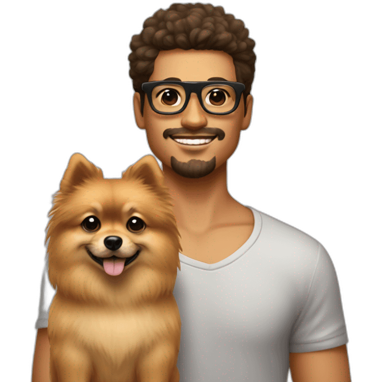 Hombre joven moreno pelo corto con lentes transparentes y su perro Pomeranian  emoji