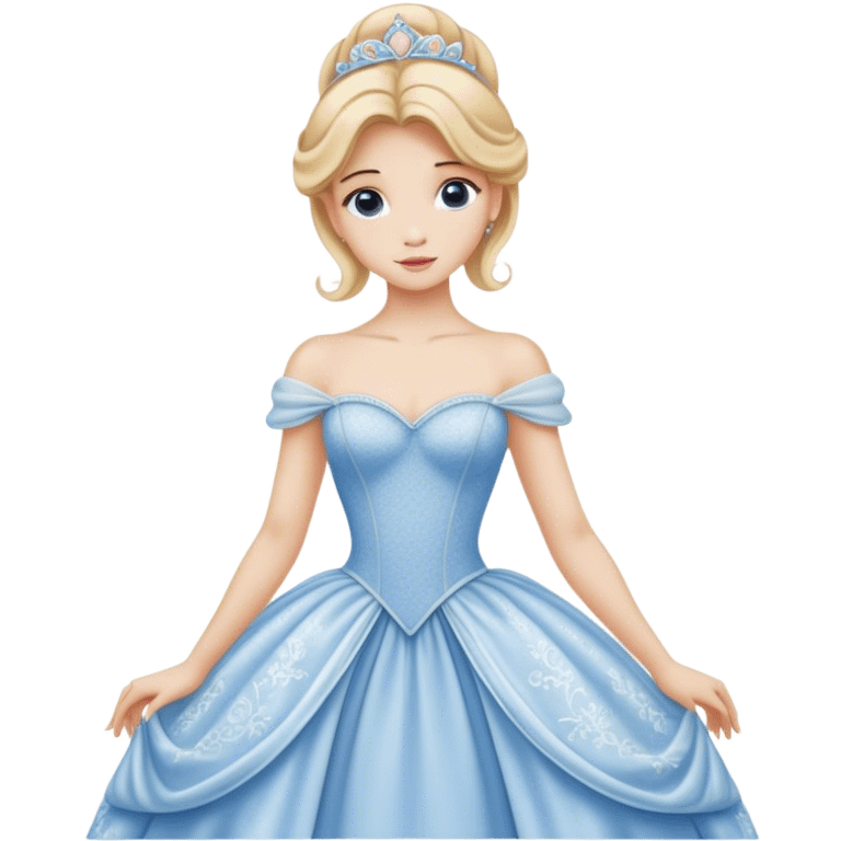 Cinematic Realistic Cinderella Portrait, depicted with lifelike porcelain skin, elegantly styled blonde hair, and a serene, graceful expression. Dressed in her classic ball gown with intricately detailed fabric textures and delicate pastel hues that catch soft, natural lighting, this portrait captures the timeless beauty of a fairy tale princess. emoji