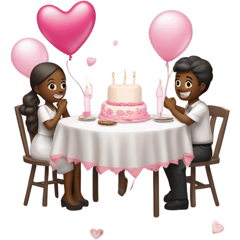 pink romantic party setting for two people and heart balloon  table with white cloth and candle with bows on the table and white Korean cake emoji