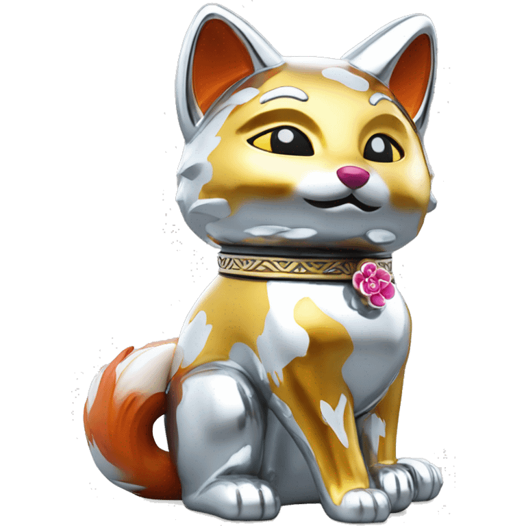 fully chrome fox statue in the form of maneki neko emoji