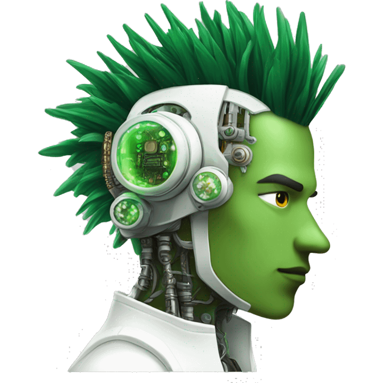 Green Mohawk hair male cyborg head with white steampunk goggles and circuits emoji