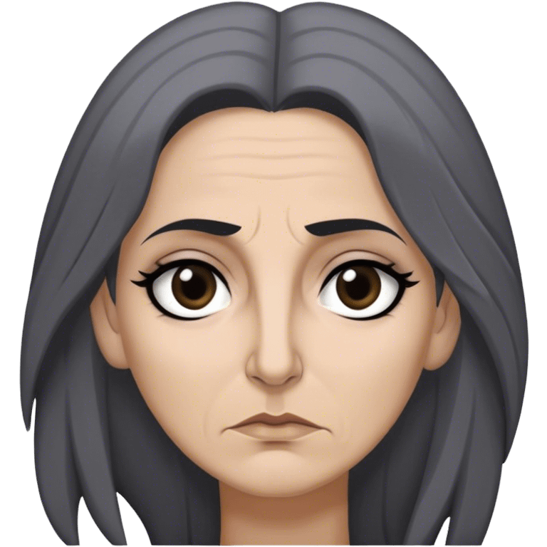 Mirri Maz Duur is a weathered, age 45  woman with deep-set dark eyes, high cheekbones, and a sharp nose, giving her a stern, knowing expression. Her long, unkempt dark hair streaked with gray falls loosely over her shoulders emoji