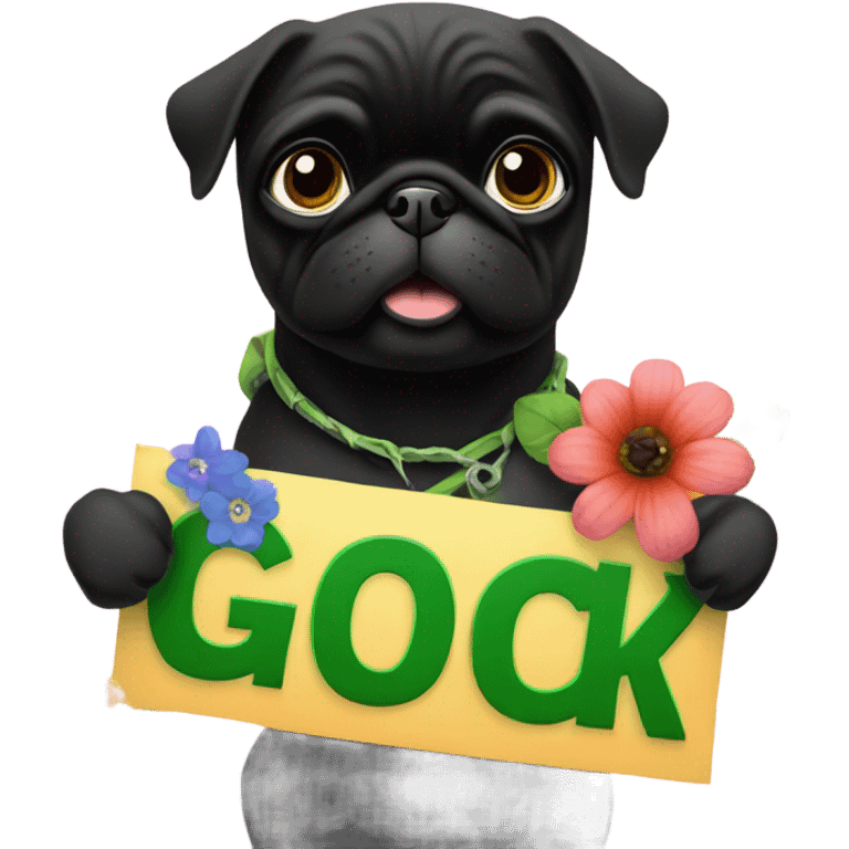 Black pug , surrounded by flowers, holding a green sign that says “good luck”  emoji