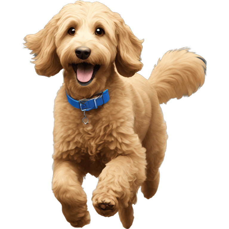 Goldendoodle with blue collar chasing a squirrel  emoji