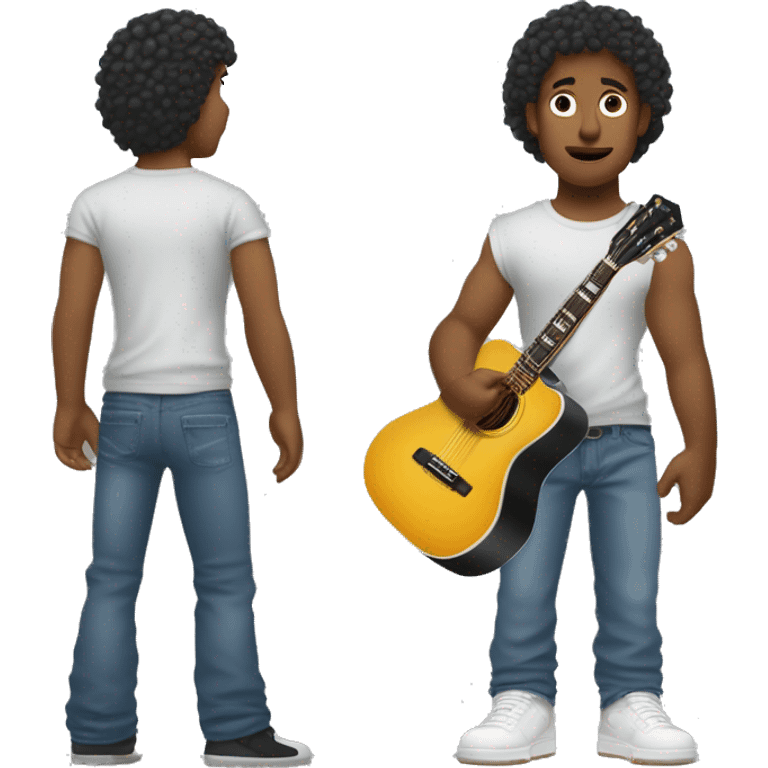 can you generate a tanned tall boy holding the red van hallel guitar. The boy must have green eyes and short curly hair please. Could he be wearing the nike jordan Travis Scott shoes. Also wearing blue jeans and a plain t shirt. emoji