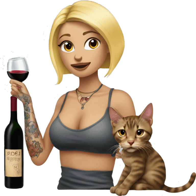 Blonde women in, her body covered with tattoos, wine in her one hand and pointing cat with other hand emoji