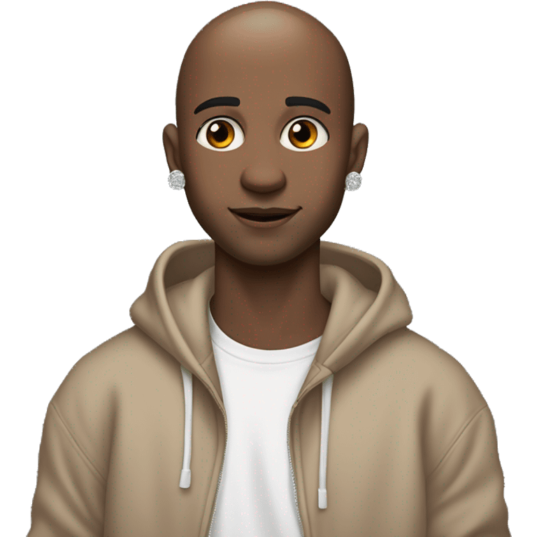 a bald guy of 20 years old with a blush on his cheeks, brown eyes and a small diamond earring in his left ear looks at us indifferently, dressed in a black oversized hoodie and holding a microphone in his hands emoji