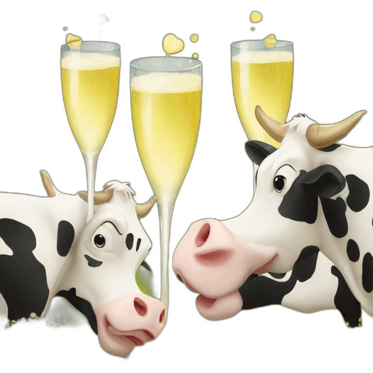 Three smiley cows drinking champagne emoji