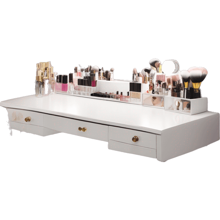 white makeup vanity with glass top and a hollywood style makeup mirror with bulbs around it. skincare and perfume on the desk neatly with white chair  emoji