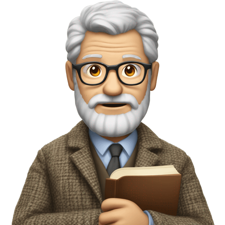 "A middle-aged man with graying hair, a beard, and round glasses. He has a serious, regretful expression, wears a tweed jacket, and holds a book or chalk." emoji