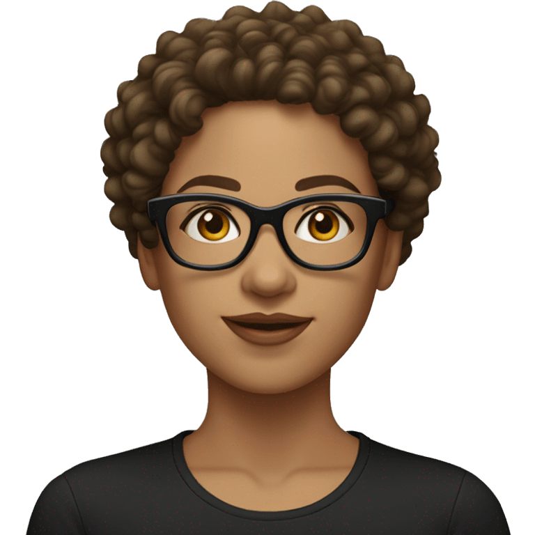 A women with brown medium curly hair, light skinned, full cheeks, black shirt and black glasses  emoji