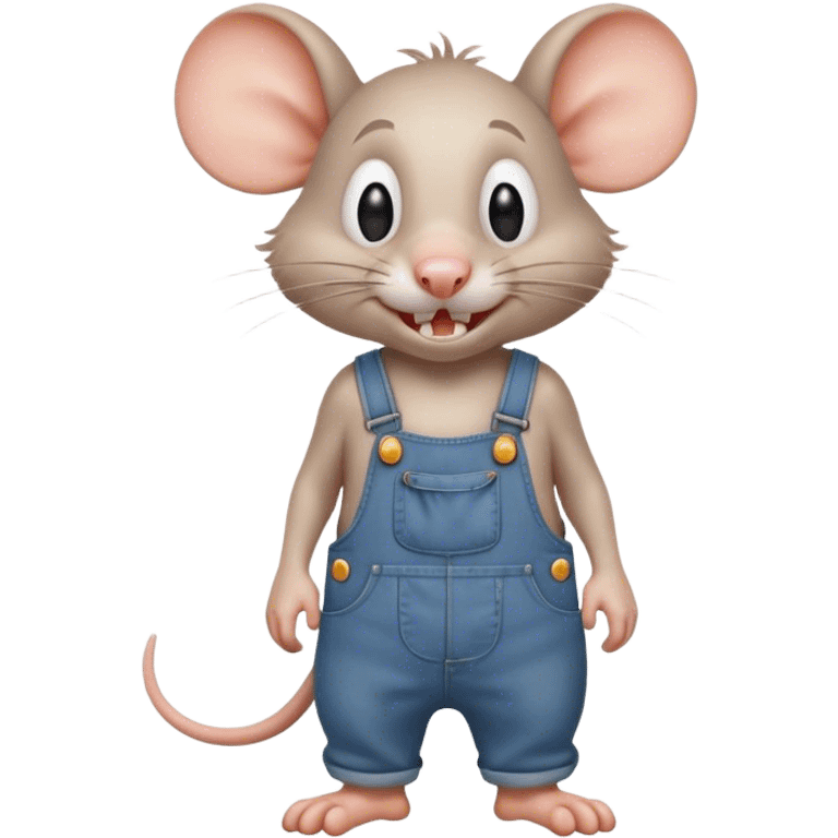 dizzy cartoon stupid drunk hillbilly rat wearing overalls no shirt. standing and talking full body. human eyes. teeth showing emoji