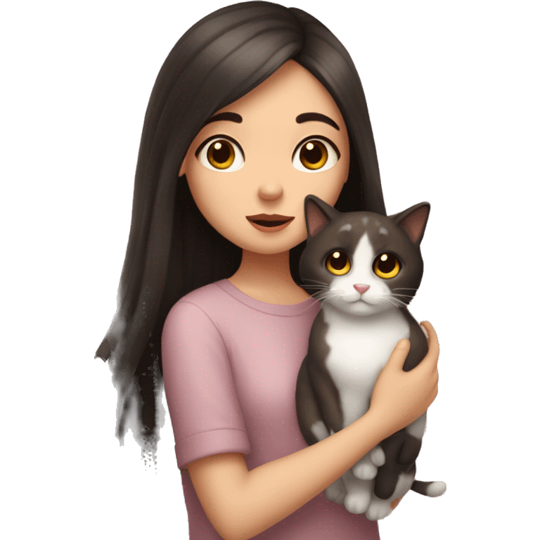 A pale girl with dark brown hair and dark brown eyes kisses a cat in her hands emoji