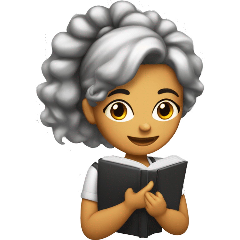 Chica blanca con cabello ondulado color negro estudiando con un libro con cara de agobio  emoji