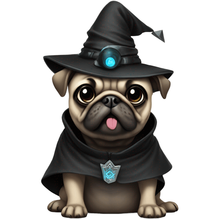 cyberpunk pug wearing a black wizard's hat emoji