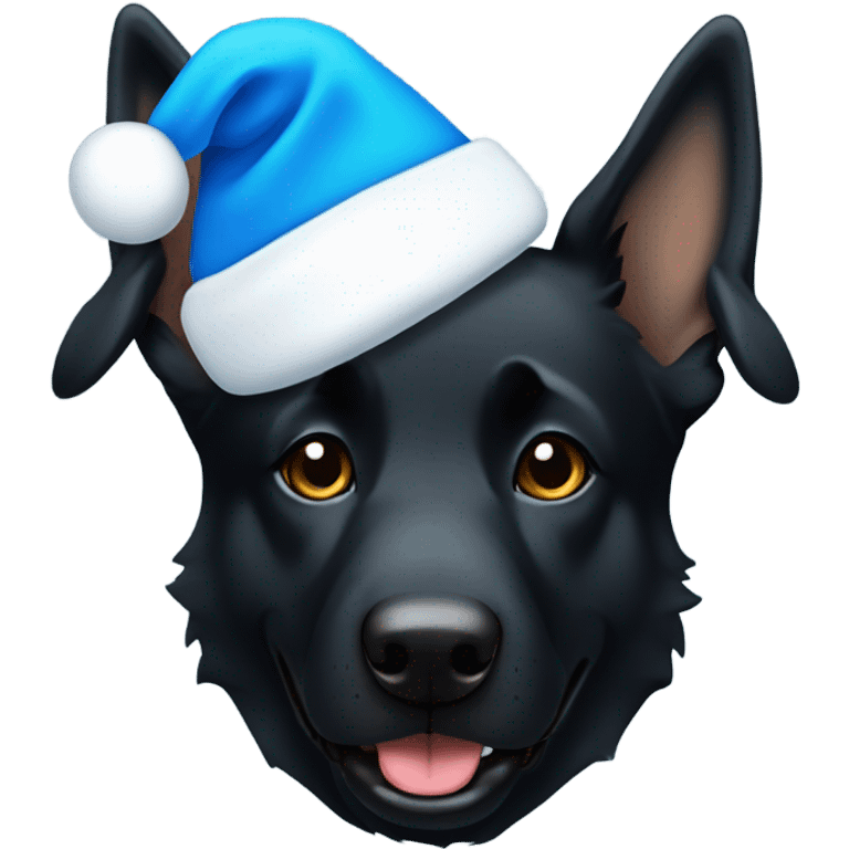 All black German shepherd with blue Santa hat emoji