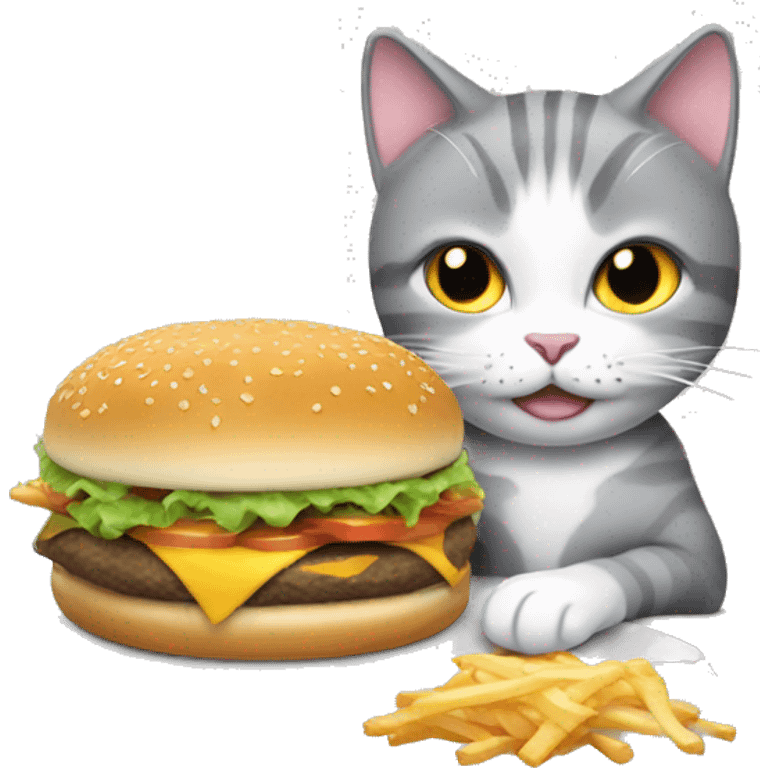 grey and white cat eating a cheeseburger emoji