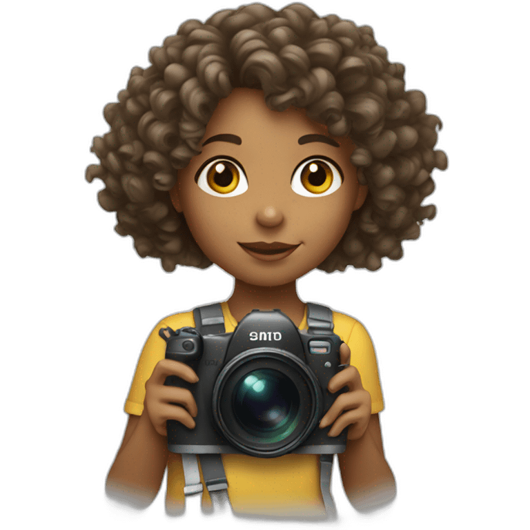 young girl with curly hair and camera emoji