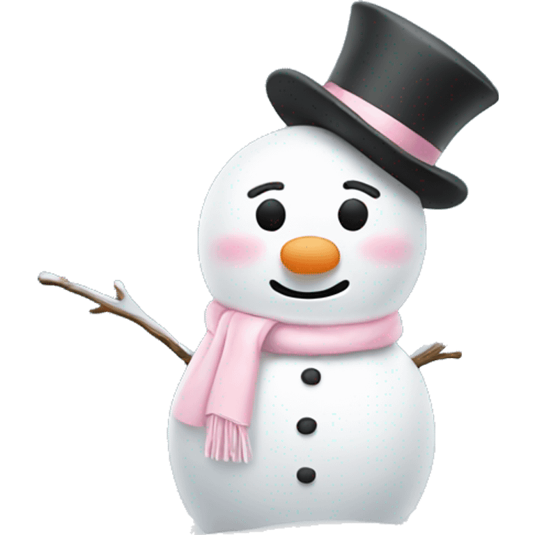 Cute white and light pink snowman with falling white snow emoji