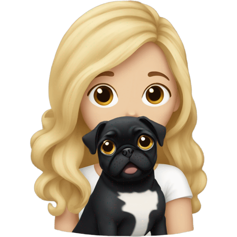 Girl with wavy blonde hair kissing a black pug emoji