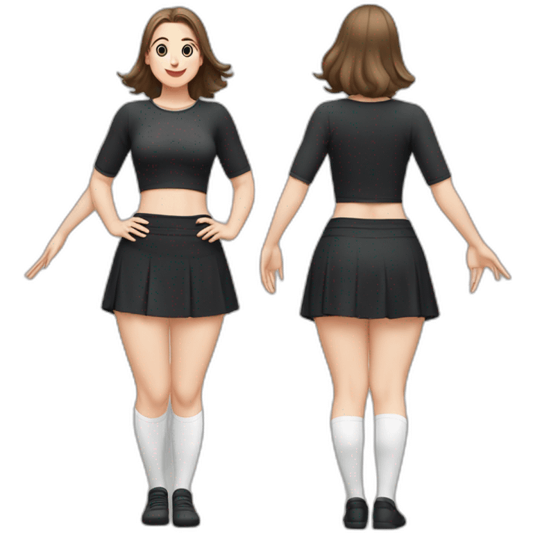 full-body-caucasian-curvy-beauty-doing-asana-short-black-skirt-back-and-front-views-strong-wind-knickers-long-white-socks emoji