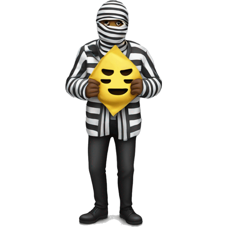 person in striped clothes with a bandit face mask holding a bag of money emoji