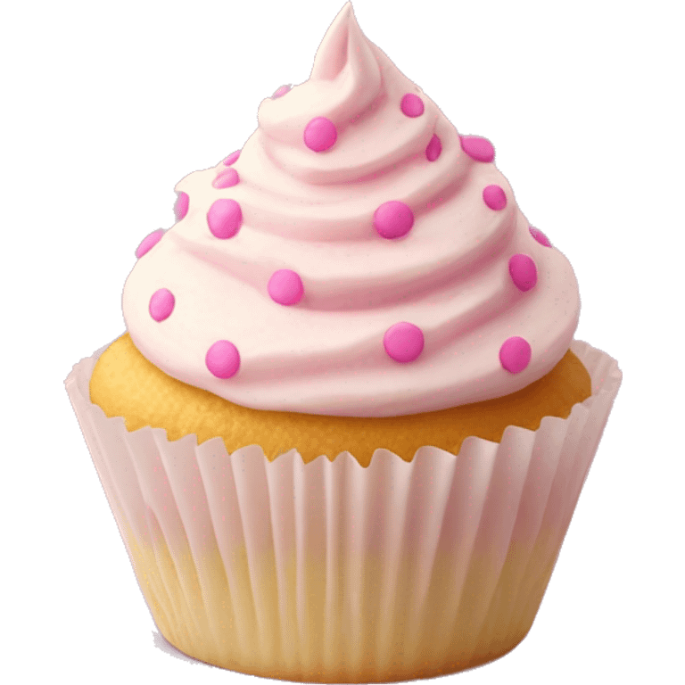 Butter creme frosted cupcake with pink polka dot cup liner emoji