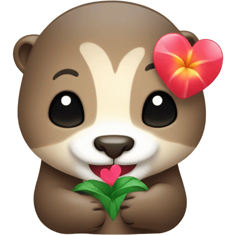 A happy and cute otter face with a Hawaiian flower-shaped pin, holding a heart in its hand. emoji