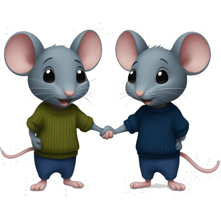 Two mice holding hands. one in a dark blue T-shirt, the other in an olive sweater emoji