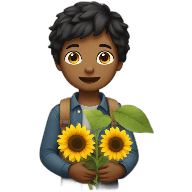 Short black hair boy holding sunflower emoji