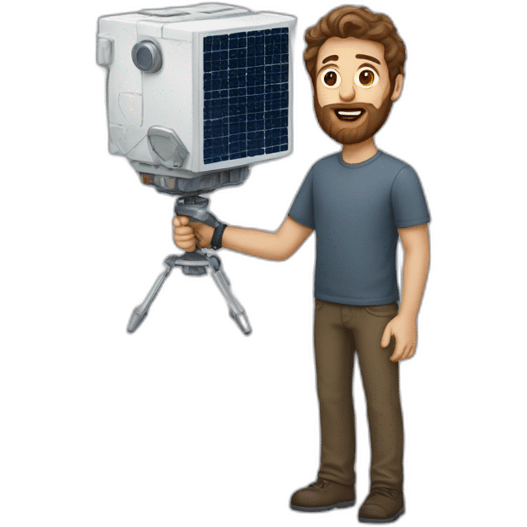 Tall white man brown hair scruffy beard carrying a small cube satellite emoji