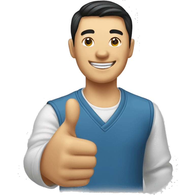 Smiling Chinese man shows thumbs up emoji