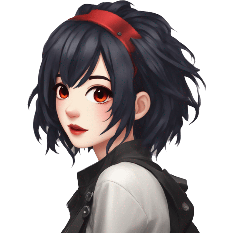 Gorgeous anime style lady with blushing face aesthetic and pretty edgy black red punk hair with hair garment trending style emoji